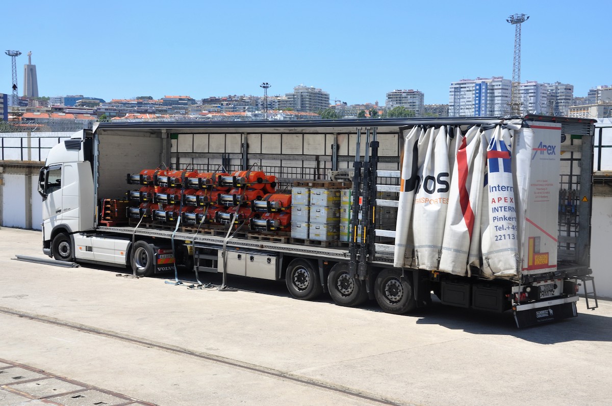 T-liner truck full with seismometers at the harbour in Almada.